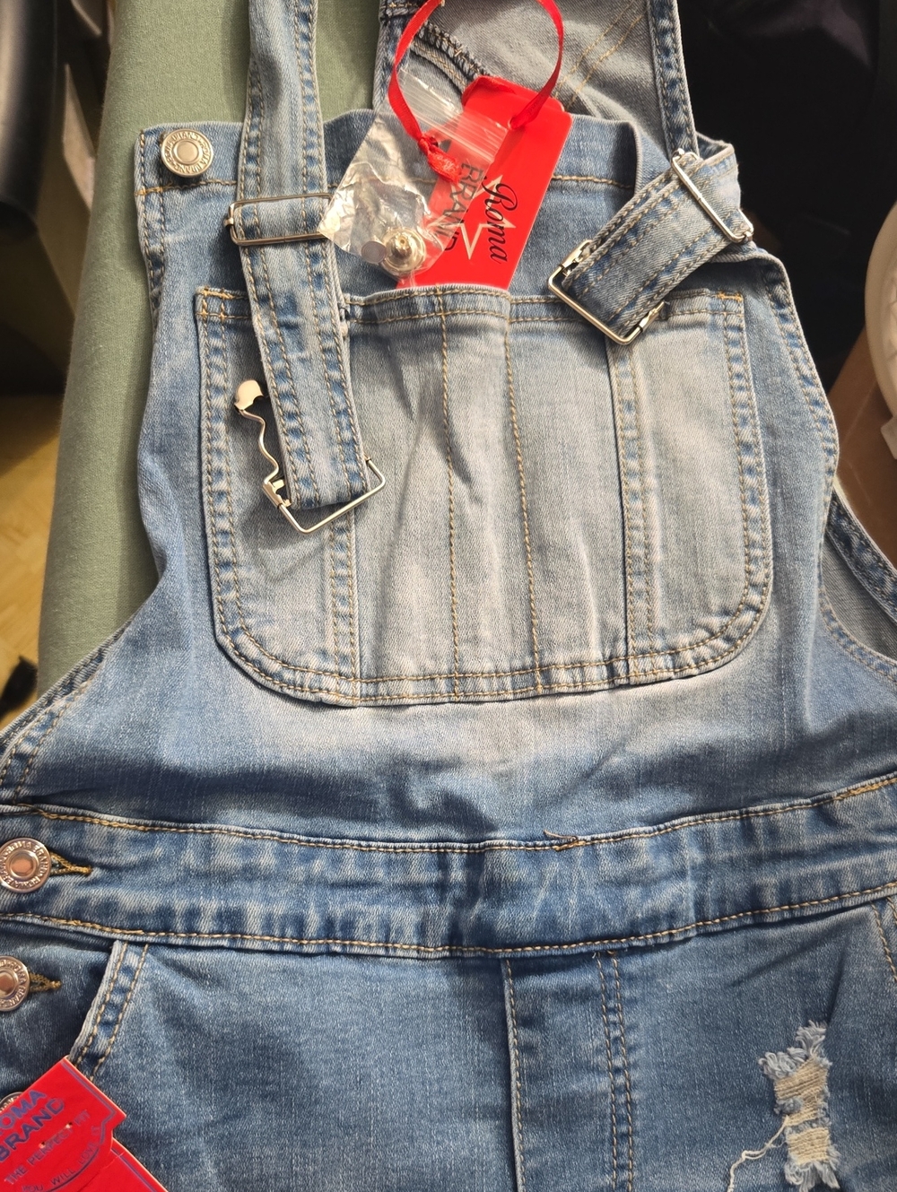 New Roma Light Blue Distressed Denim Overalls, M